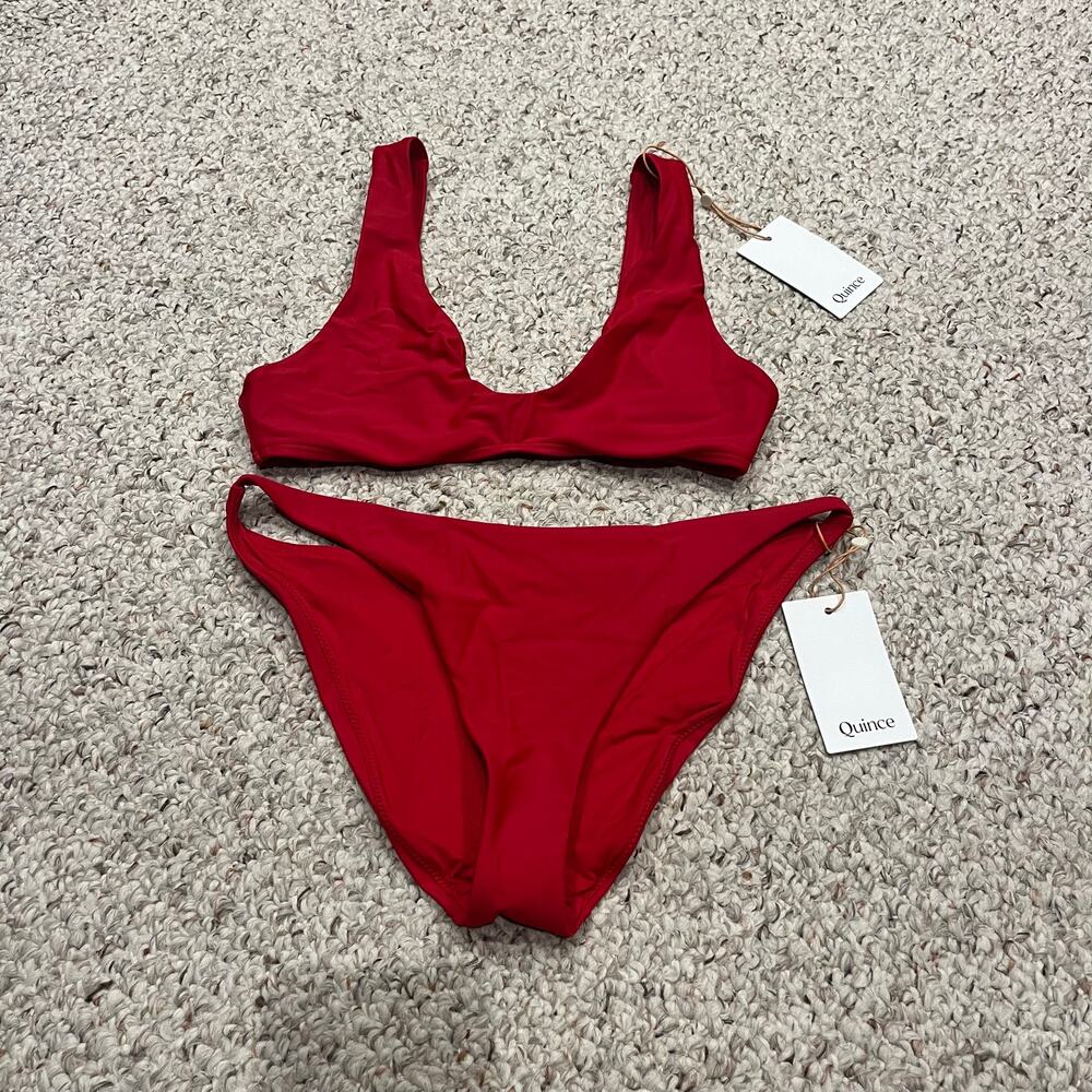 NEW Quince Bikini Set Plunge Top High Cut Bottoms S Summer Red Classic Beach